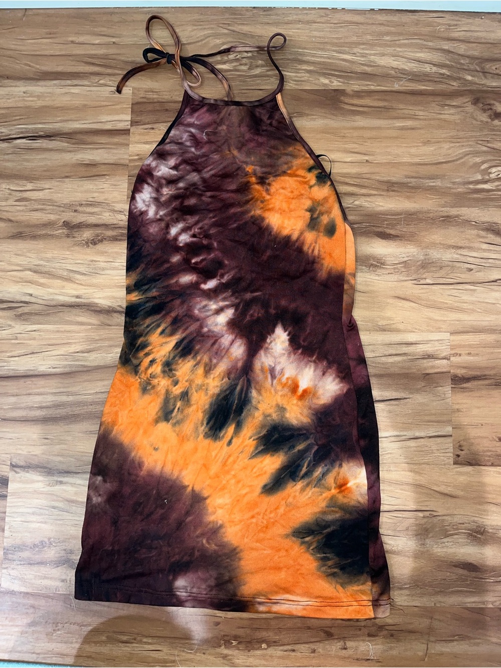 Tie-Dye Halter Midi Dress in Orange and Brown